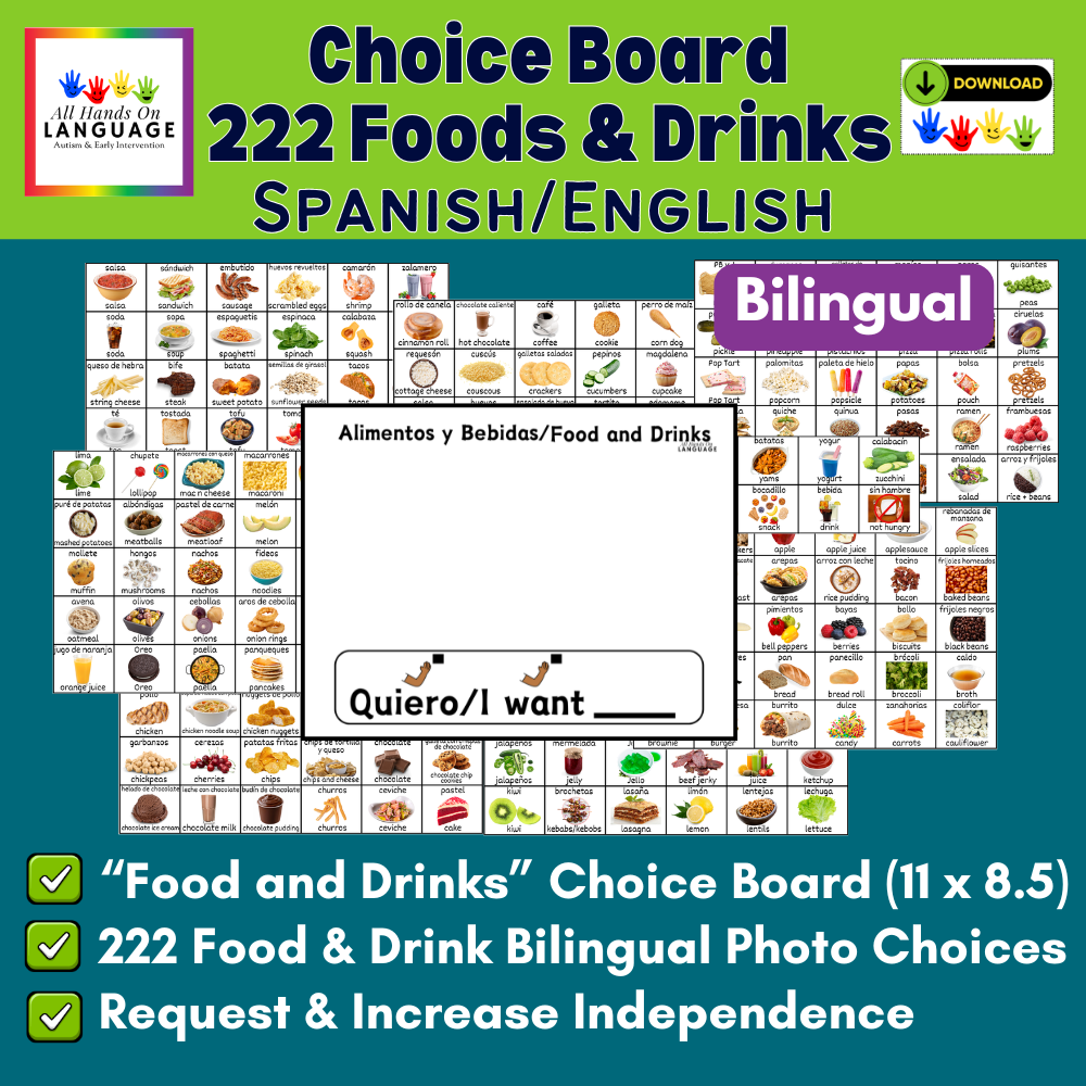 Spanish + English Choice Board with 222 Food + Drink Photo Cards, Autism, AAC
