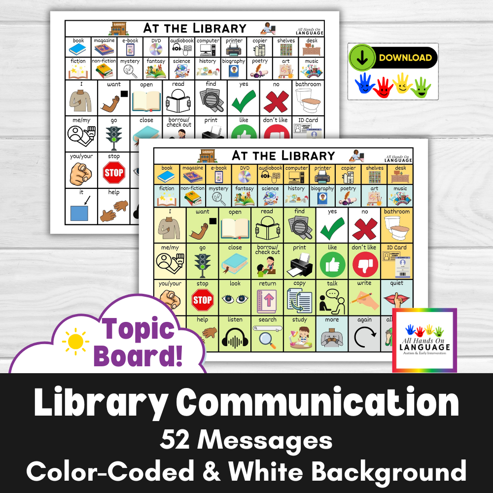 Library Communication Board-52 Messages, Color Coded + White Background ASD AAC