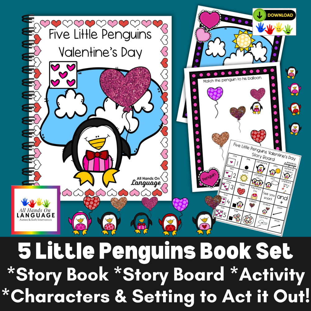 Five Little Penguins Valentine's Day Story, Activities + Story Board, AAC Autism