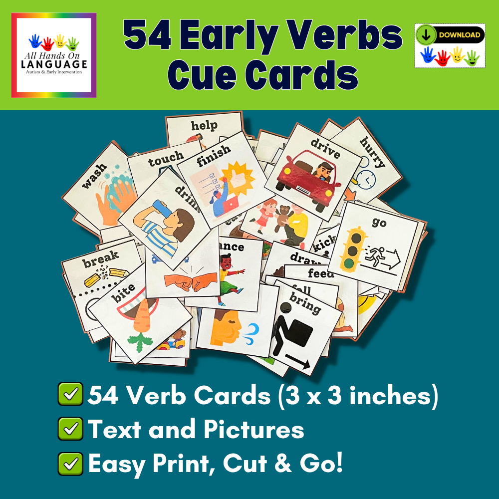 Early Verbs Cue Cards, 54 of the First Verbs on 3x3 inch Cards, Pictures + Text
