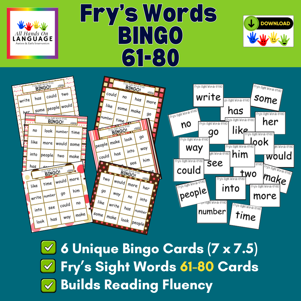 Fry's Sight Words 61-80 Bingo Game, 6 Bingo Cards, 20 Word Calling Cards