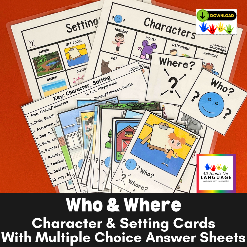 Character + Setting Flashcard Set for Who and Where Questions, Autism, Speech
