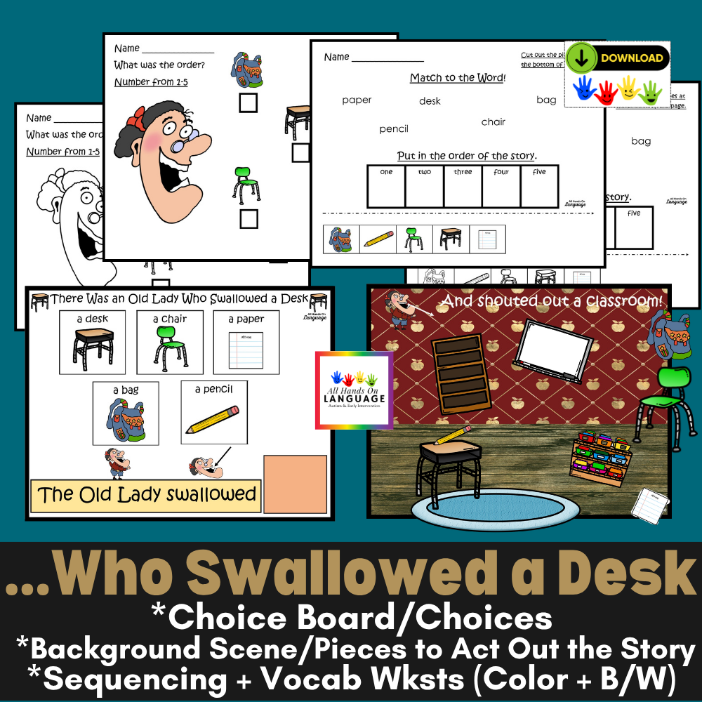 Old Lady Who Swallowed a Desk Story Companion Activities, Sentences + Sequencing