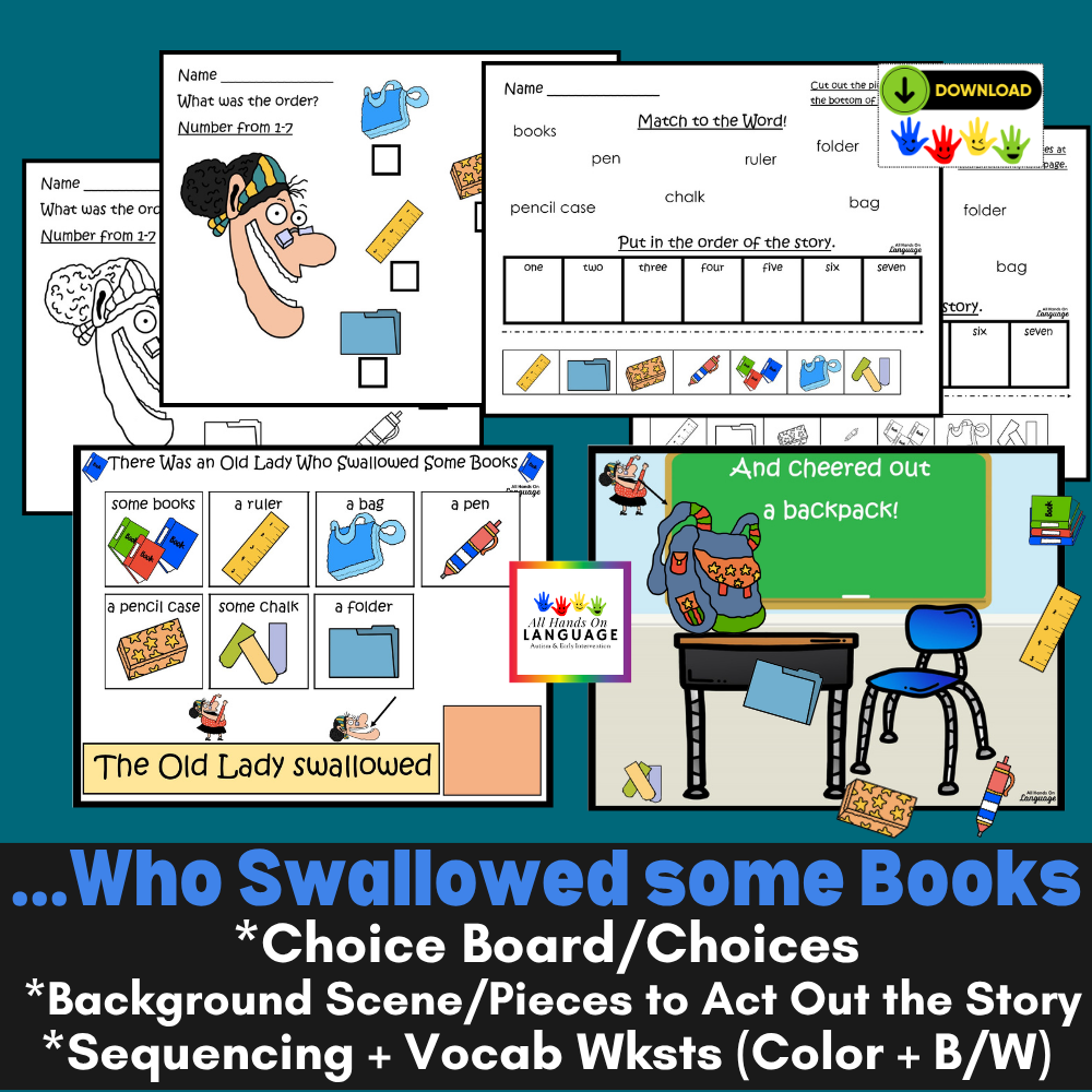 Old Lady Who Swallowed Books Story Companion Activities, Sentences + Sequencing