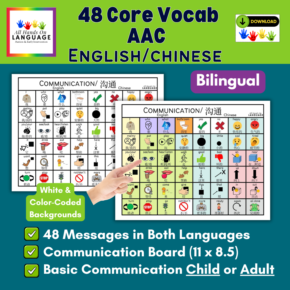 Bilingual Chinese + English Communication Board 48, Aided-Language, AAC,
