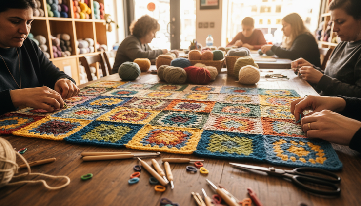 Eye-level view of colorful knitted squares laid out on a table before being joined into one blanket