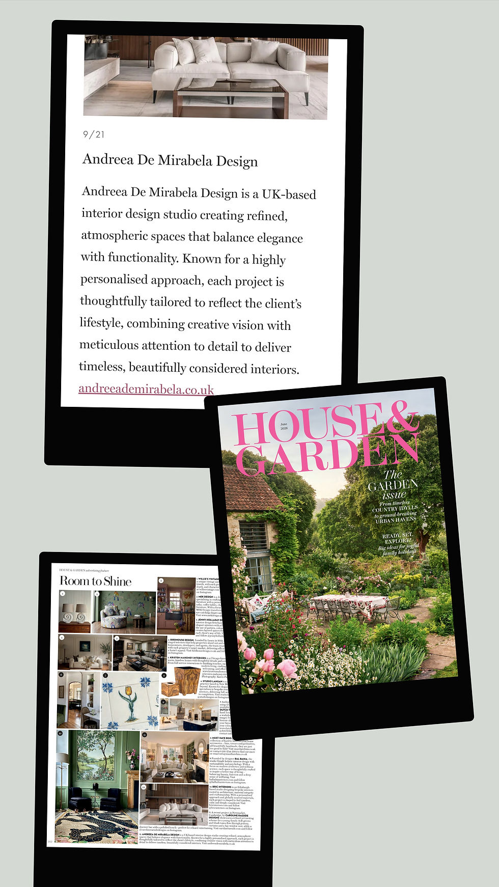 Andreea De Mirabela Design, a UK-based interior design studio, is showcased for its refined and atmospheric spaces in House & Garden. Renowned for balancing elegance with functionality, the studio excels in creating personalized projects that reflect clients' lifestyles with meticulous detail and timeless charm.