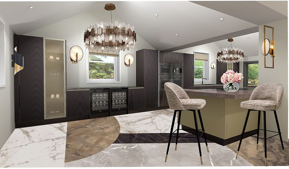 Contemporary elegance in a Wilmslow kitchen designed with refined comfort, featuring luxurious chandeliers, textured cabinetry, and chic seating for a modern living experience.