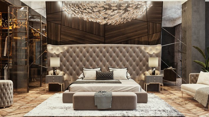 A luxurious bedroom in Prestbury, Cheshire, showcasing refined elegance with a plush tufted headboard, sophisticated lighting, and a harmonious blend of textures and tones, highlighting the art of living beautifully.