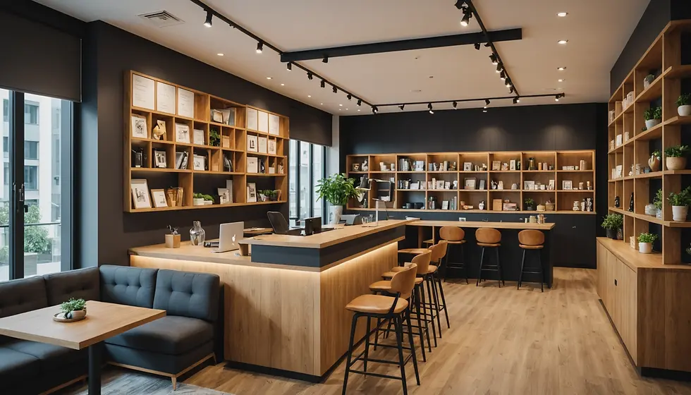 Creative small commercial interior showcasing multi-functional furniture features such us wall shelves with art, books and plants, a kitchen island in wood, leather bar stool chairs, grey corner sofa and parquet flooring.