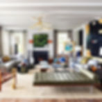 Elegant living room with mid-century decor, green chaise, fireplace, colorful art, and large windows. Bright, cozy, and stylish setting.