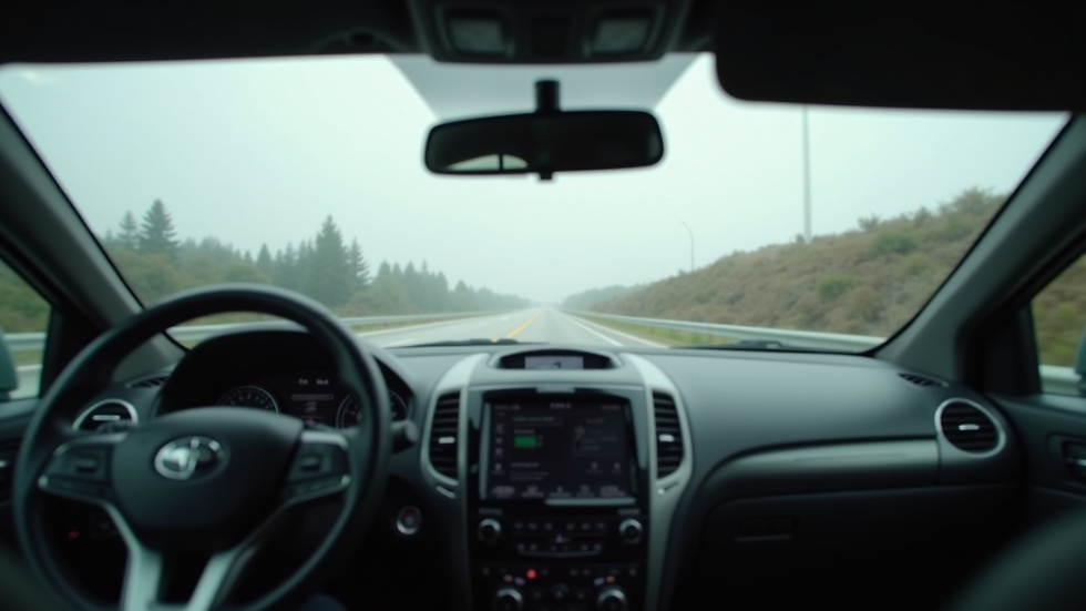 Eye-level view of a car dashboard with tinted windshield and side windows