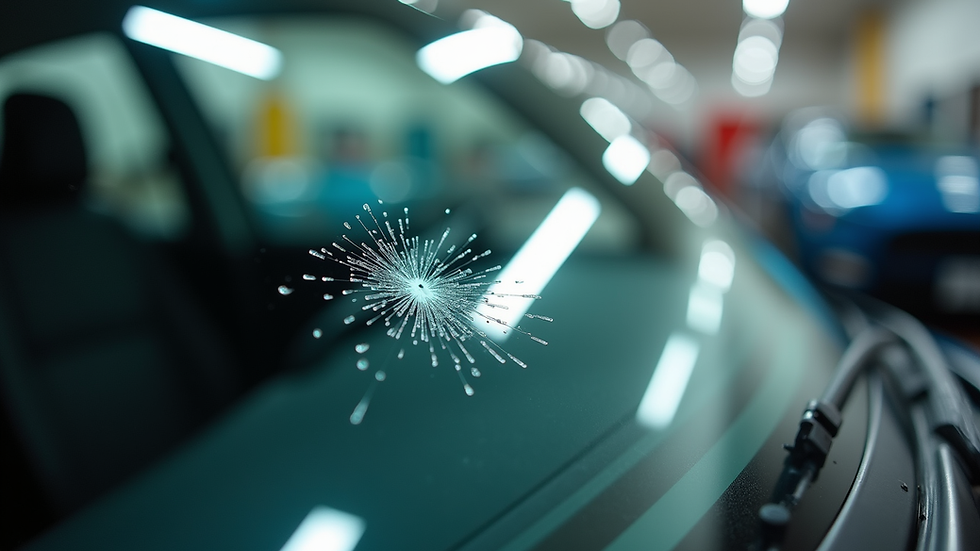 Close-up view of a windshield with a repaired chip in a Vancouver auto glass shop
