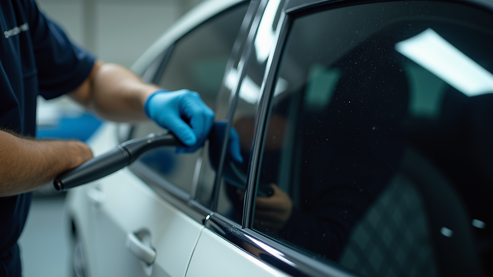 Close-up view of a car window being tinted by a professional installer
