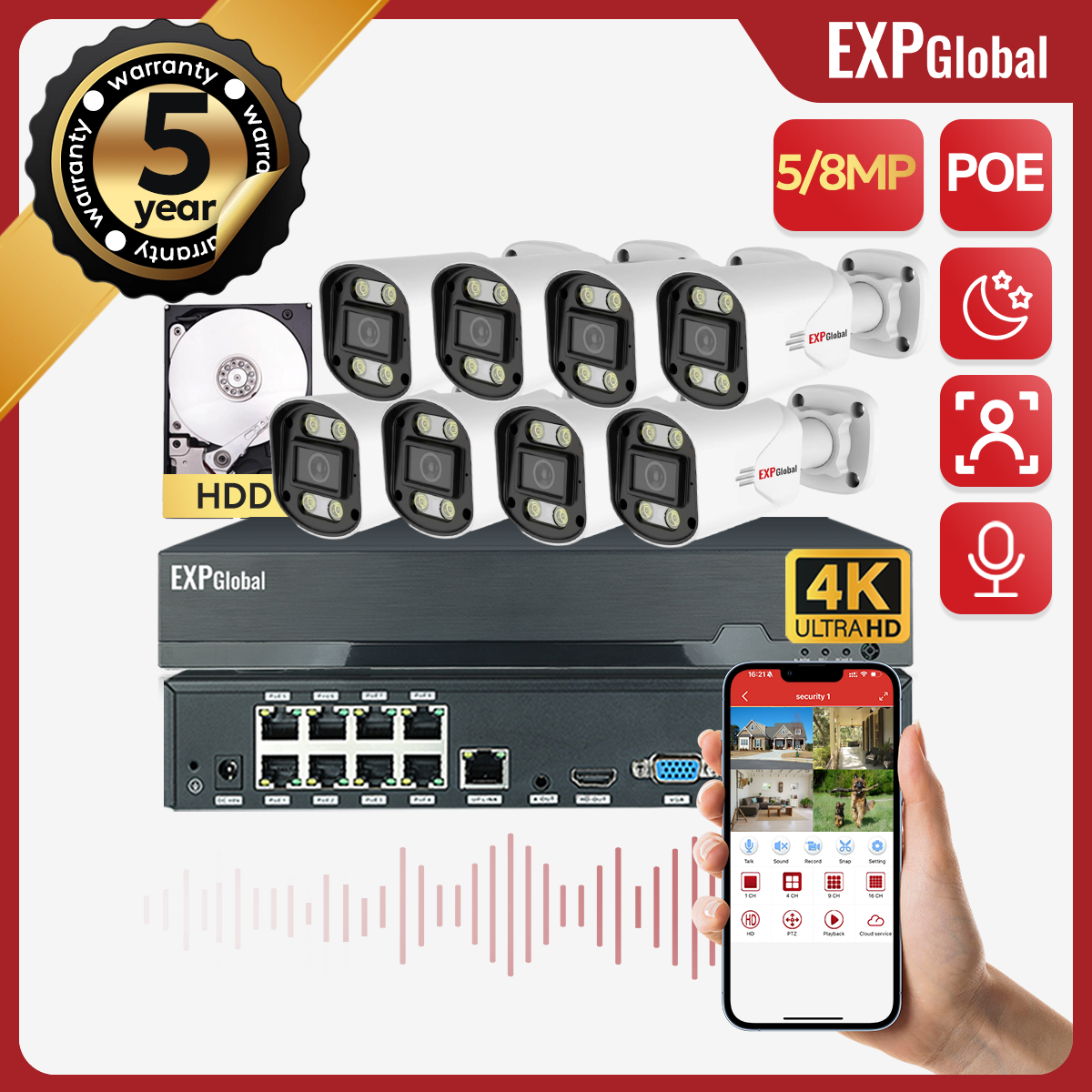 EXPGlobal 8MP 5MP POE Outdoor Security Camera System Home CCTV kit Video Surveil