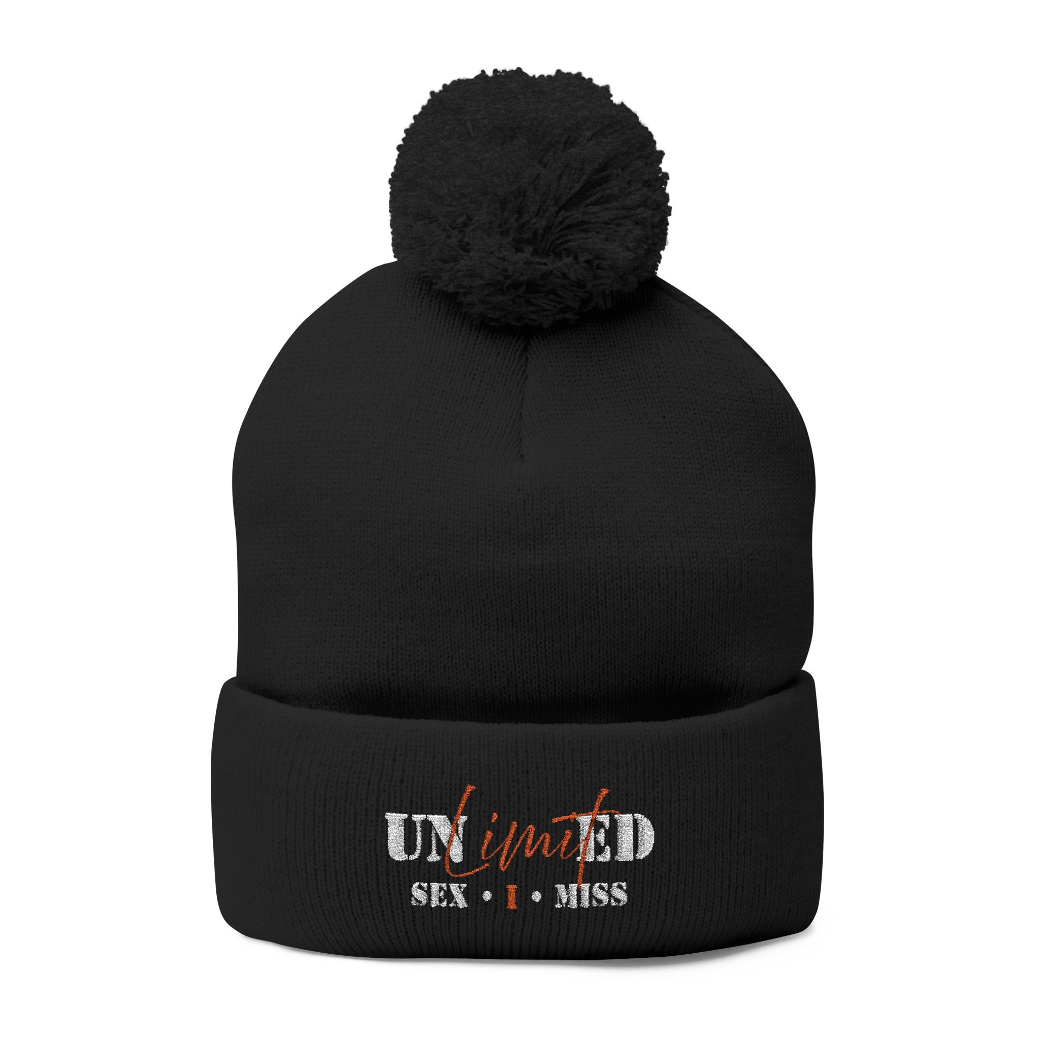 "Unlimited" Sex-I-Miss Embroidered Pom-Pom Knit Cap - Red/White Embroidery 
