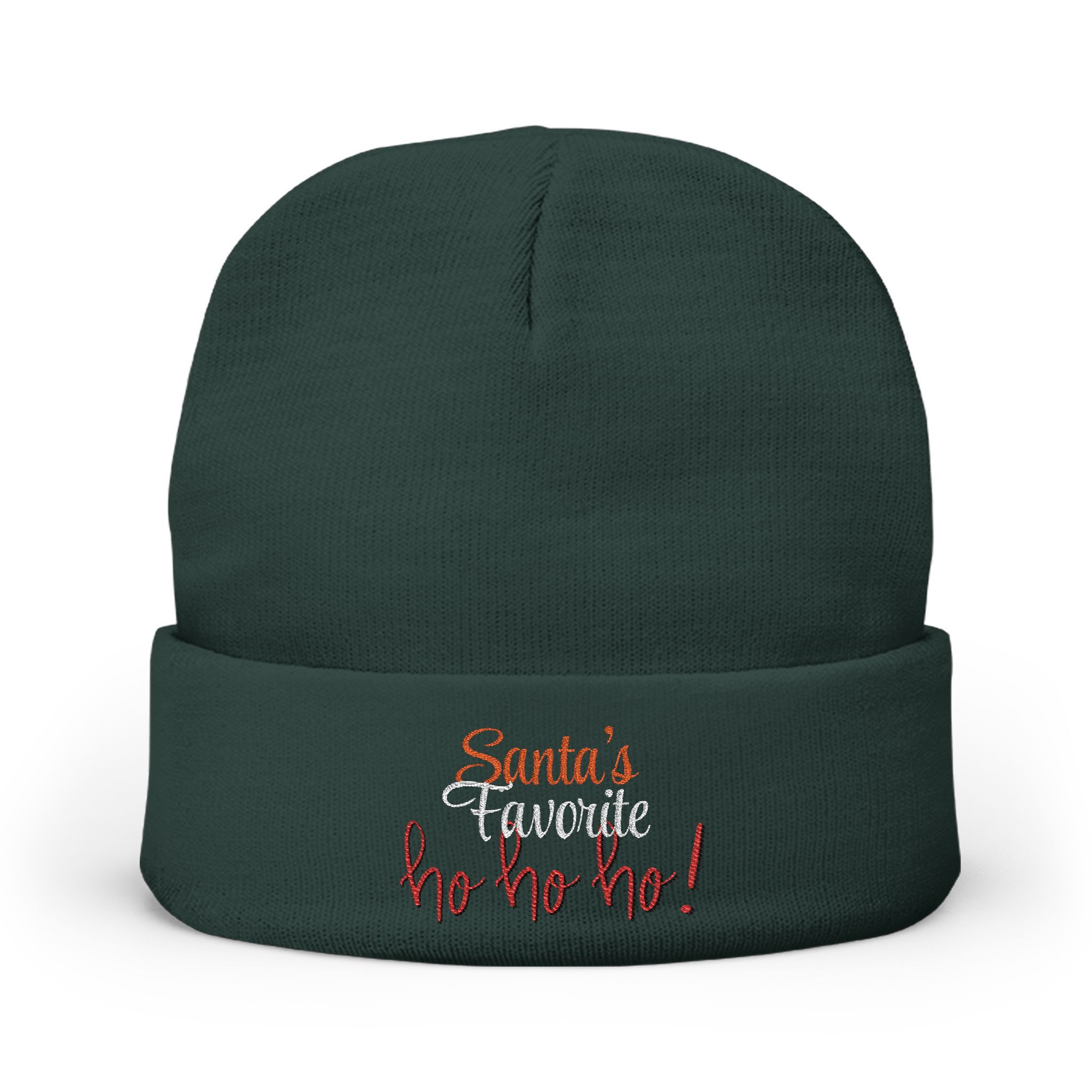 Santa’s Favorite Ho Ho Ho! Embroidered Knit Beanie - Red/White Embroidery 