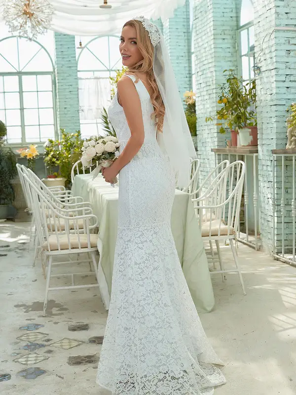 Thumbnail: Deep V Neck Sleeveless Wedding Dress