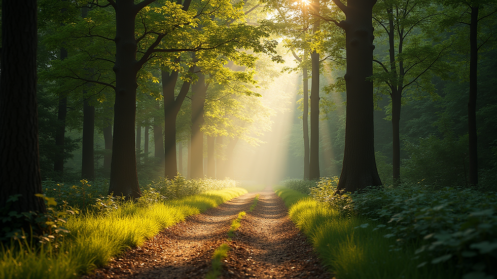 Wide angle view of a serene forest path