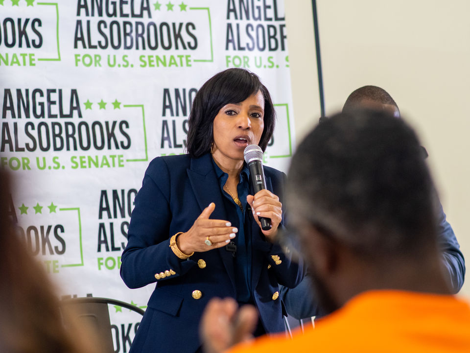 United States Senator Angela Alsobrooks speaking in Baltimore, MD.