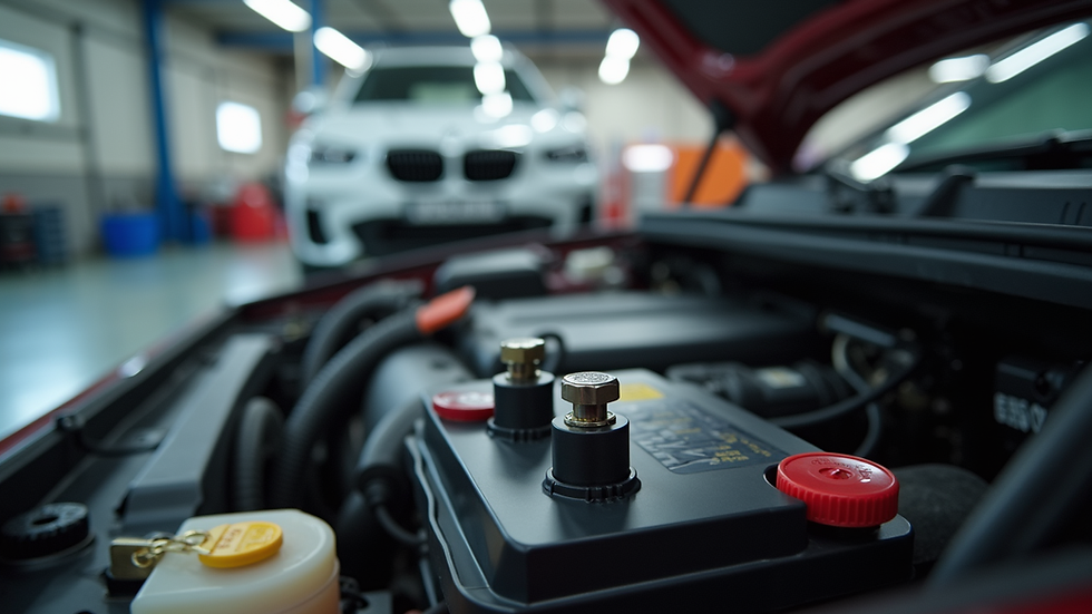Eye-level view of car battery replacement service at a local shop