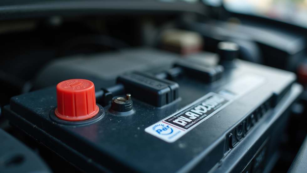 Close-up view of car battery with brand labels visible