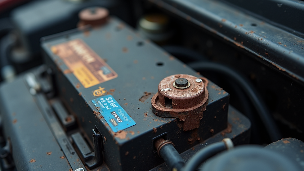 Close-up view of car battery terminals with corrosion
