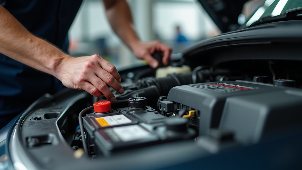 Eye-level view of car mechanic checking car battery terminals