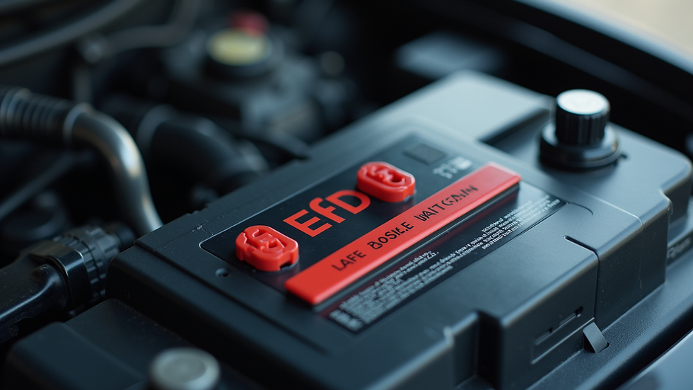 close-up view of car battery terminals and Bosch EFB label