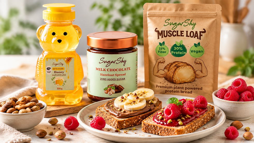 Low carb snacks with Sugar Shy honey substitute, spread and protein bread