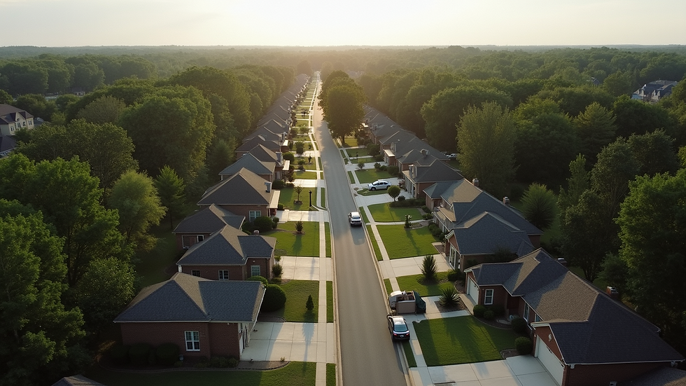 High angle view of a Tuscaloosa neighborhood with homes and trees