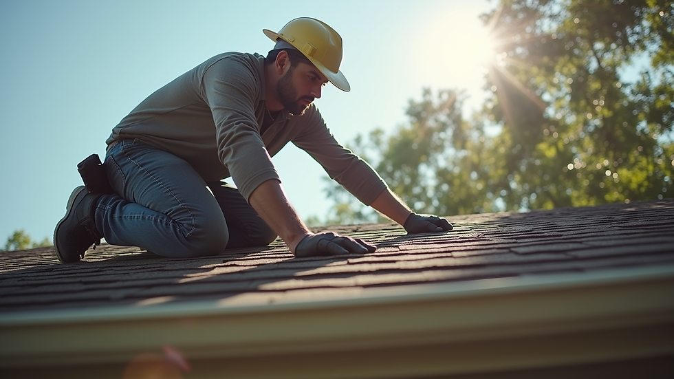 Eye-level view of a home inspector examining a roof in Tuscaloosa