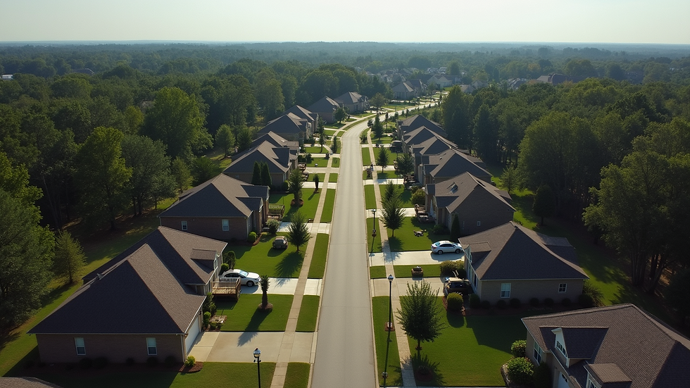 High angle view of a Tuscaloosa neighborhood with homes and trees