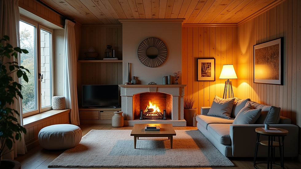 Wide angle view of a cozy living room with energy-efficient lighting and insulation