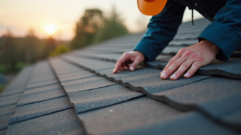 Close-up view of a roof inspector examining shingles
