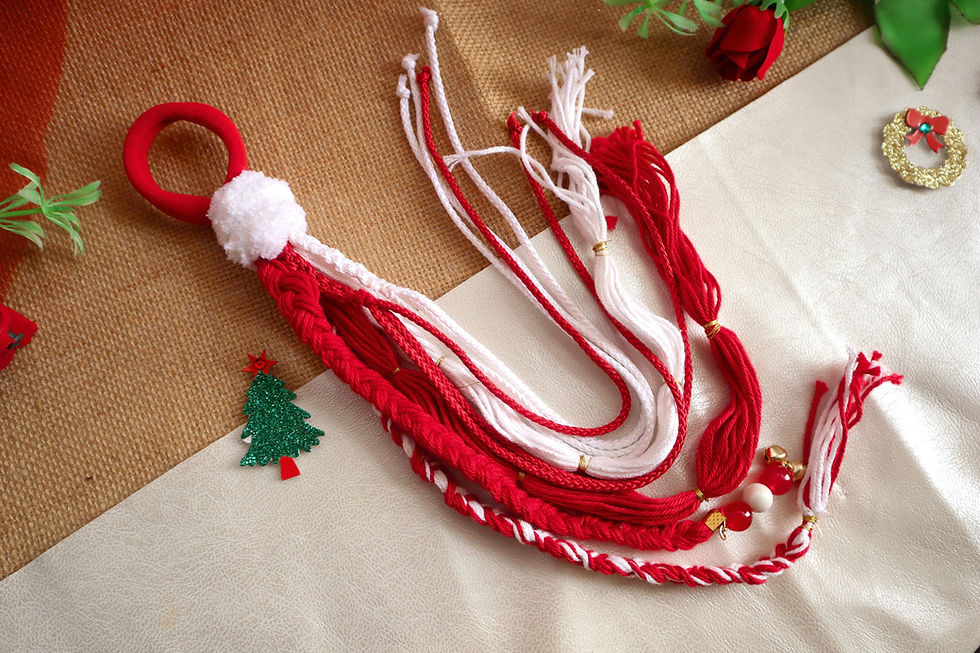 Thumbnail: Kamule Boho Beads Braided Hair Tie - red ,white