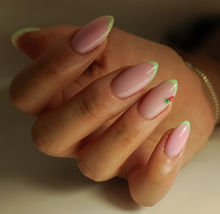 Дълги бадемови нокти с матча зелен френч и ягодов акцент, Neda Art Nails.