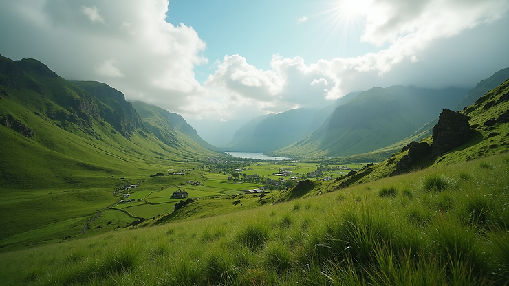 Wide angle view of lush landscape in the Azores