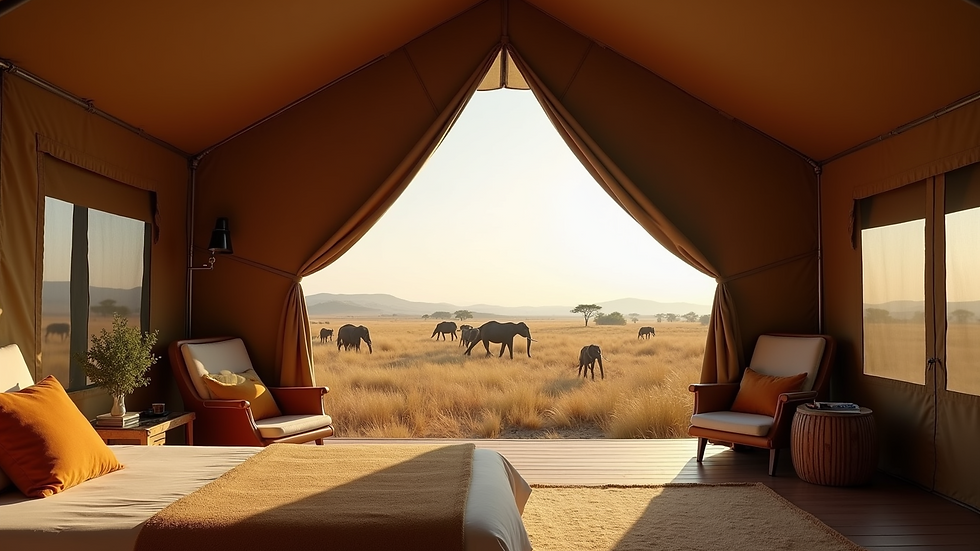 Eye-level view of a spacious luxury tent with a stunning view of the savanna outside