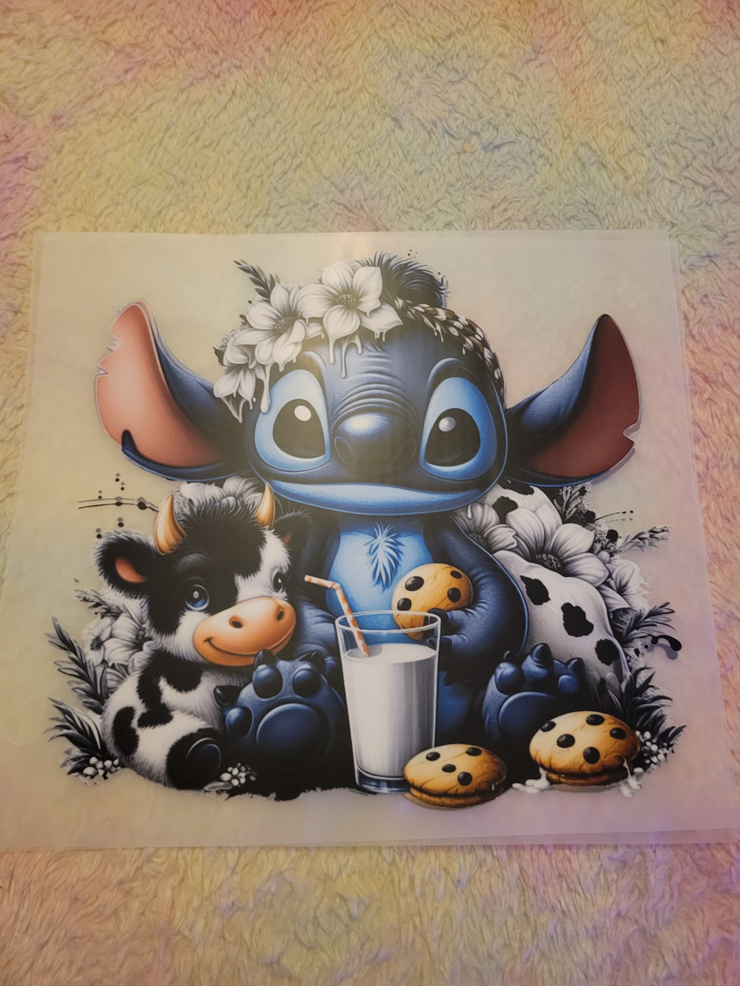 Stitch with flower crown, baby cow, milk, and cookies design