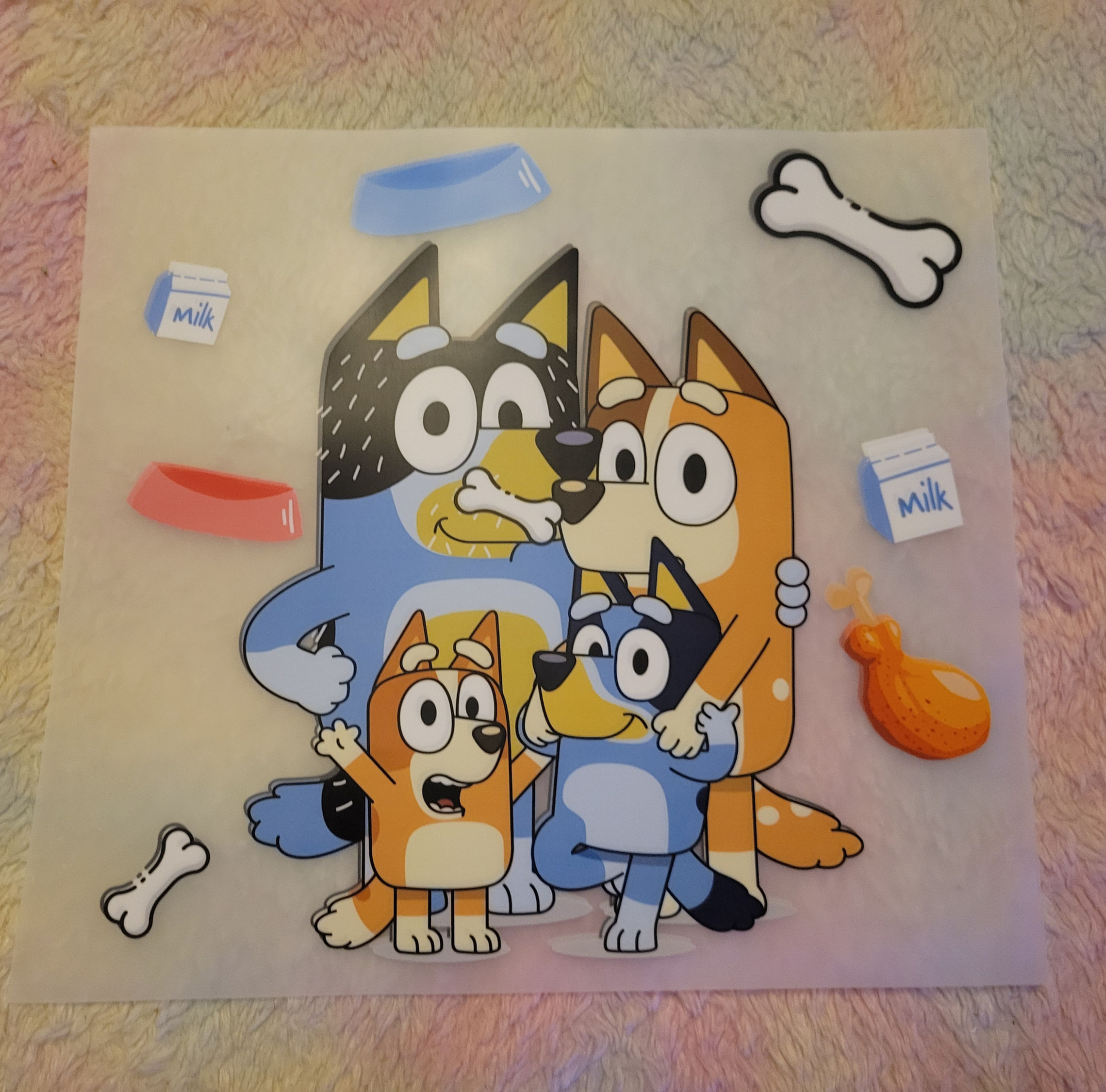 Bluey family DTF transfer with bones and bowls