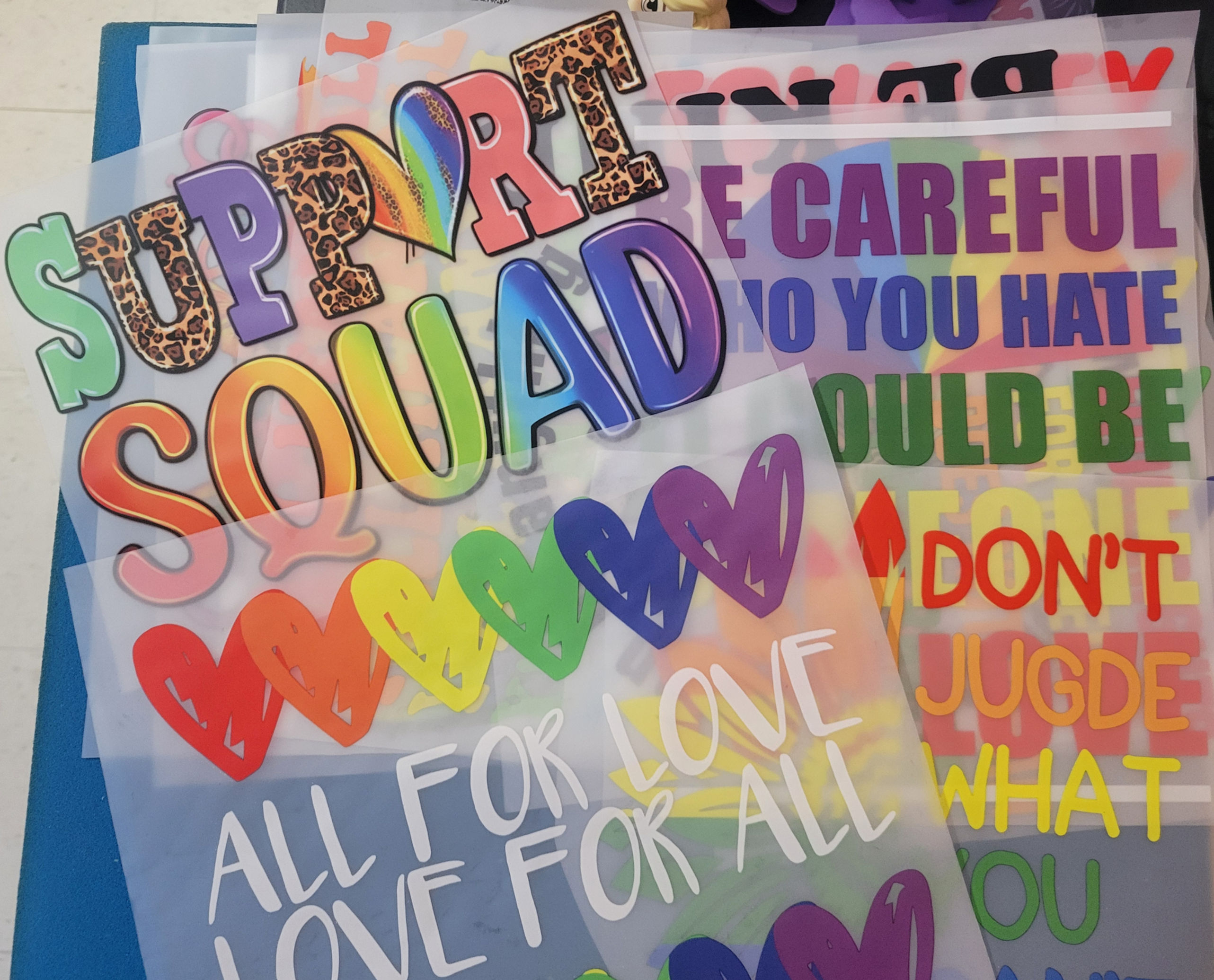 Support Squad and All for Love iron-on transfers with rainbow hearts