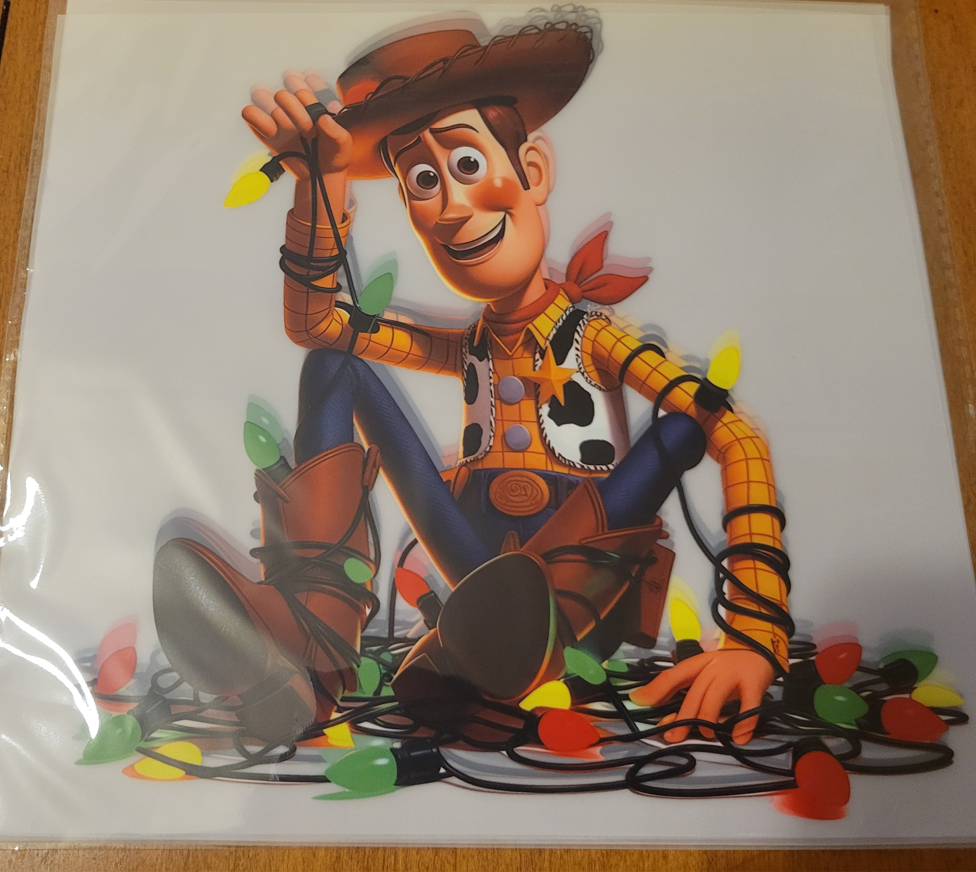Woody tangled in colorful Christmas lights