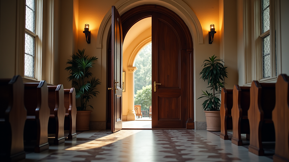 Eye-level view of a welcoming church entrance with open doors
