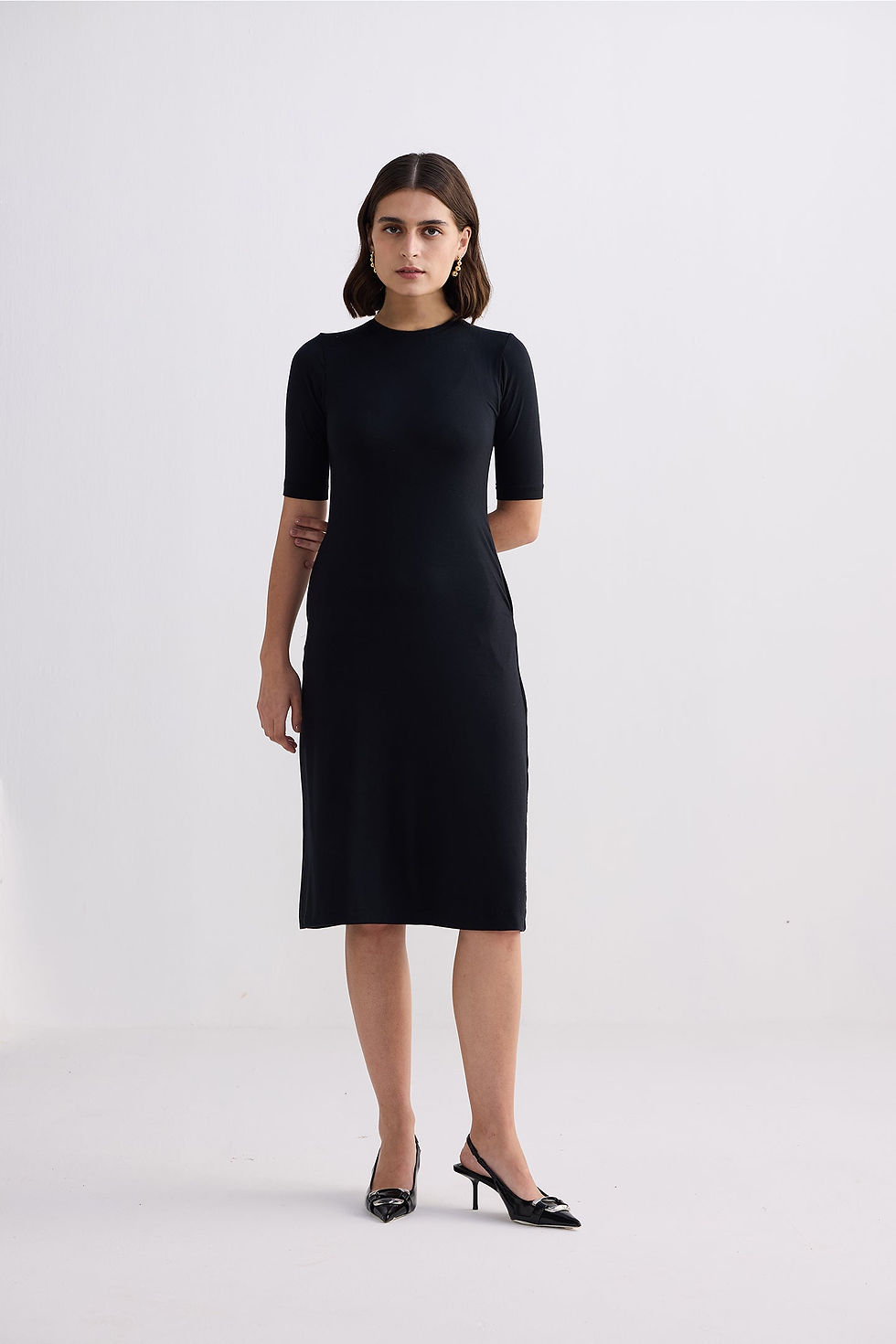 Thumbnail: High Crew Neck Elbow Sleeves Fitted Dress in Black