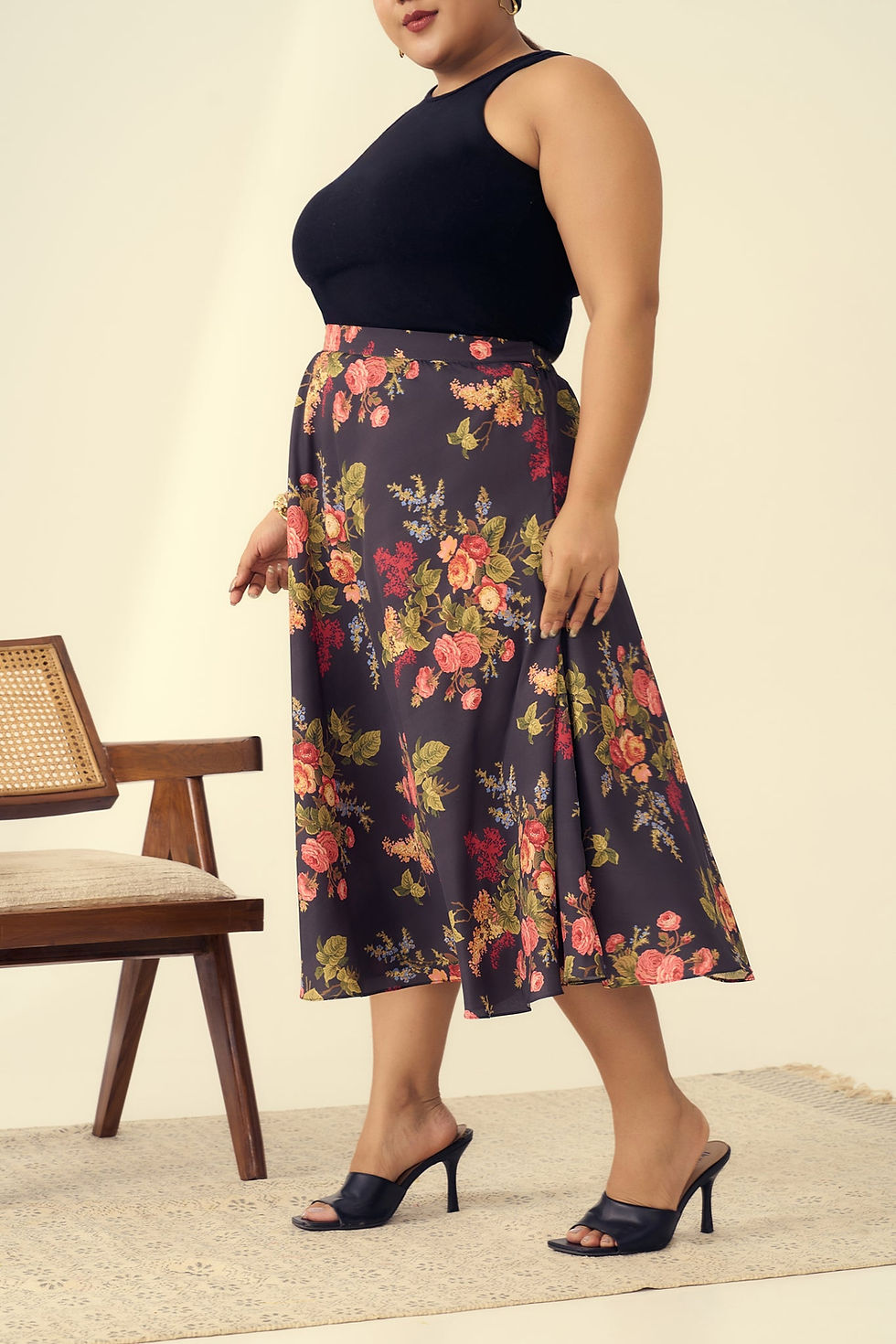 Thumbnail: Floral A-line Midi Muslin Skirt