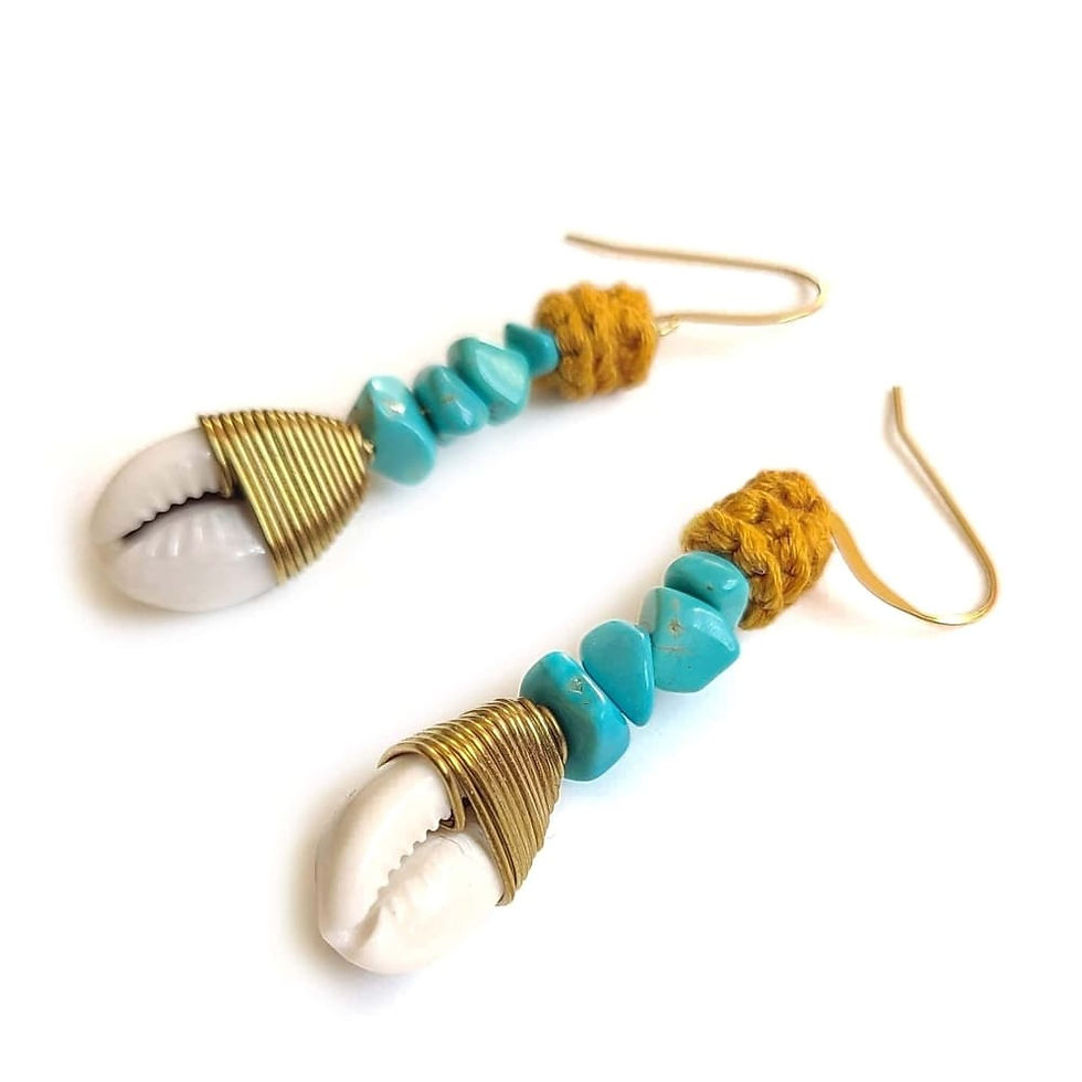 Thumbnail: Wagnerite Turquoise Cowrie Shell Earrings