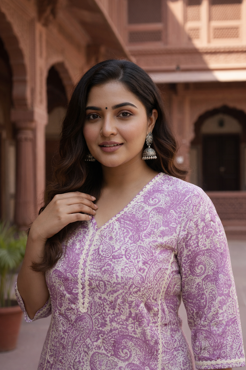 Thumbnail: Elegant Block Print Dusty Floral Lilac Kurta(only kurta)