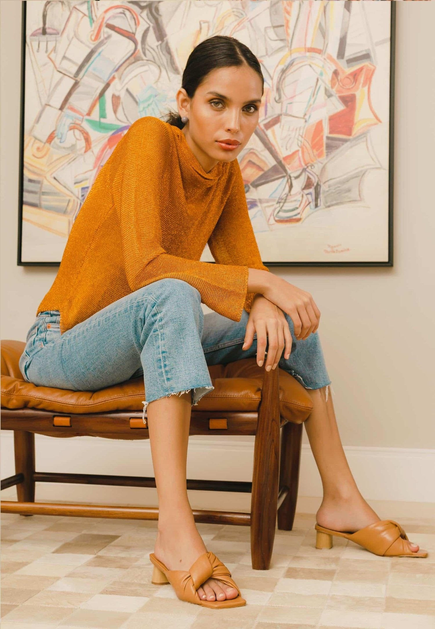 Tan Leather Mules Caroba – Women’s 4 cm Cylindrical Block Heel Slip-On Sandals