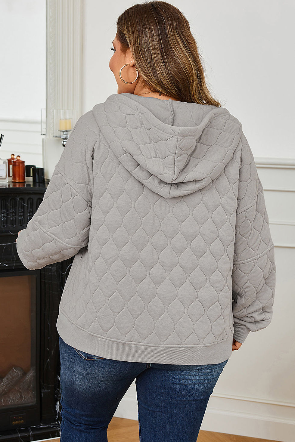 Thumbnail: Gray Quilted Quarter Zip Plus Size Hoodie